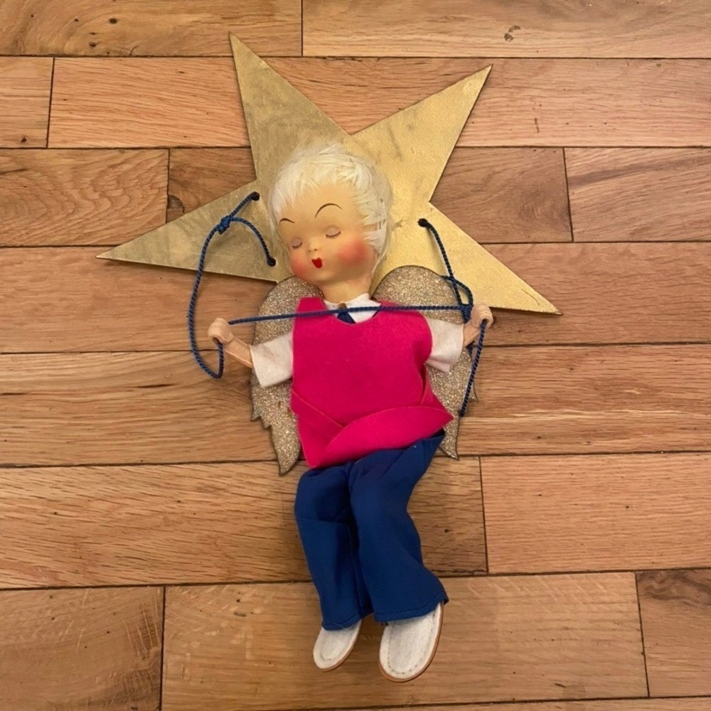 Vintage Italian MCM Boy Angel Christmas Tree Topper Felt Kitsch 12in
